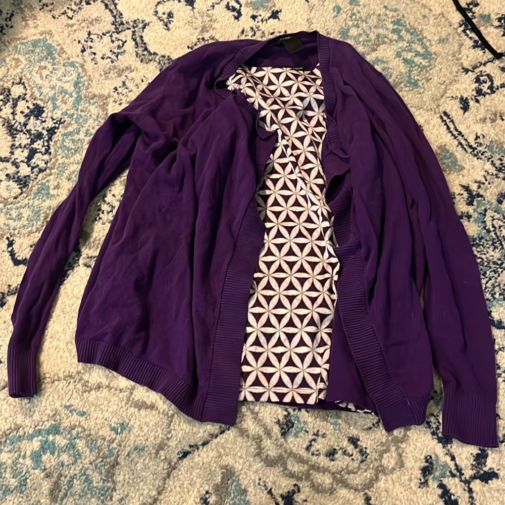Small Ann Taylor purple & silver mixed media top with coordinating cardigan